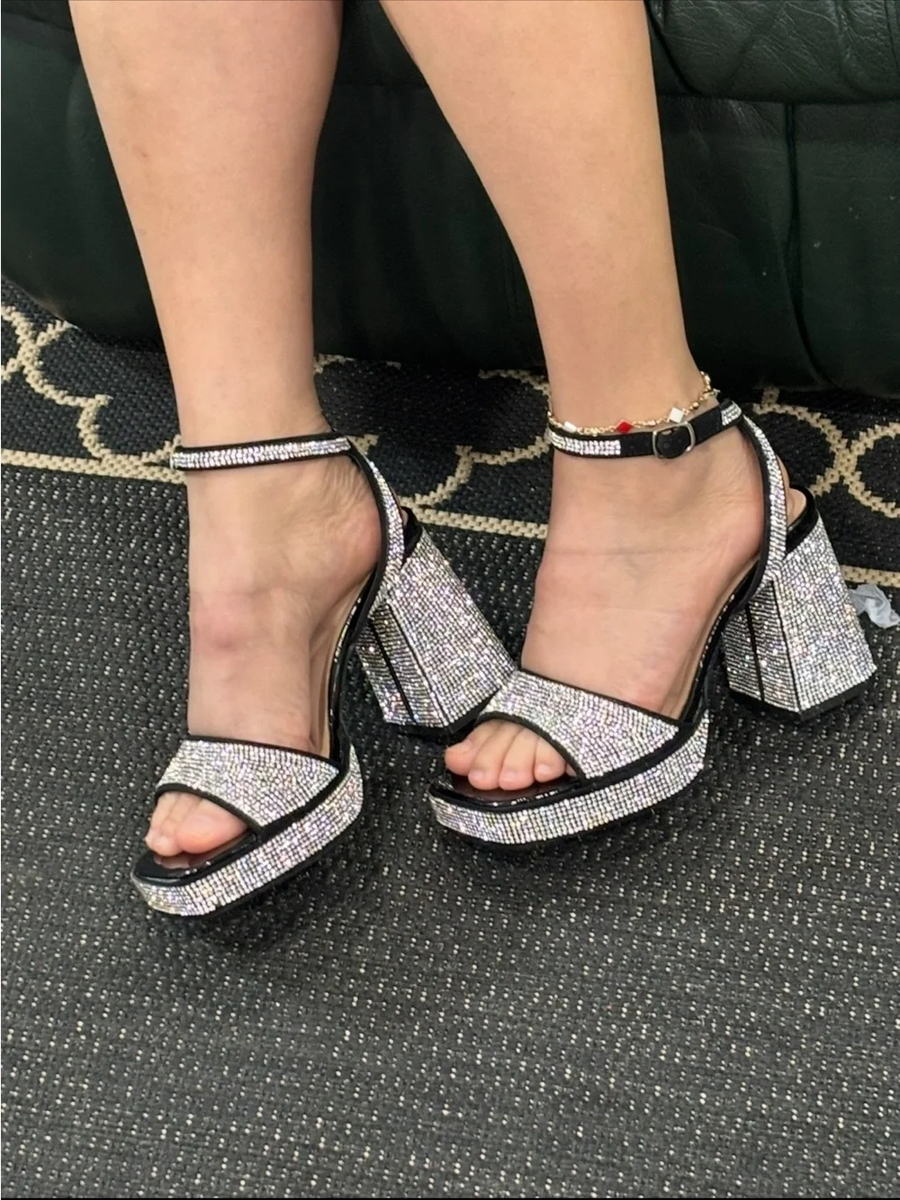 Sparkling Platform Block Heel Sandals - Silver